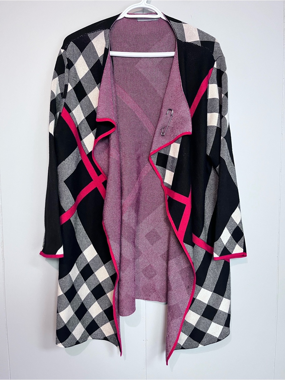 La Madonna XL Black Pink Ref Plaid Open Front Cardigan Duster Jacket